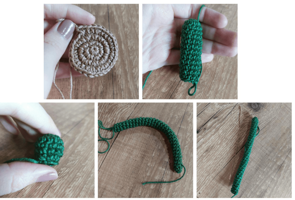 Un Collage De Cinco Imágenes Que Muestran Diferentes Etapas Del Crochet Arriba a La Izquierda Una Pequeña Pieza Circular De Crochet Hecha Con Hilo Marrón Arriba a La Derecha Un Cactus De Amigurumi Cilíndrico De Color Verde Oscuro Abajo a La Izquierda La Misma Pieza Cilíndrica Verde Que Se Muestra Desde Arriba Abajo En El Centro Otra Vista De La Pieza Verde Curva Abajo a La Derecha Vista Lateral Del Cactus Amigurumi Curvo