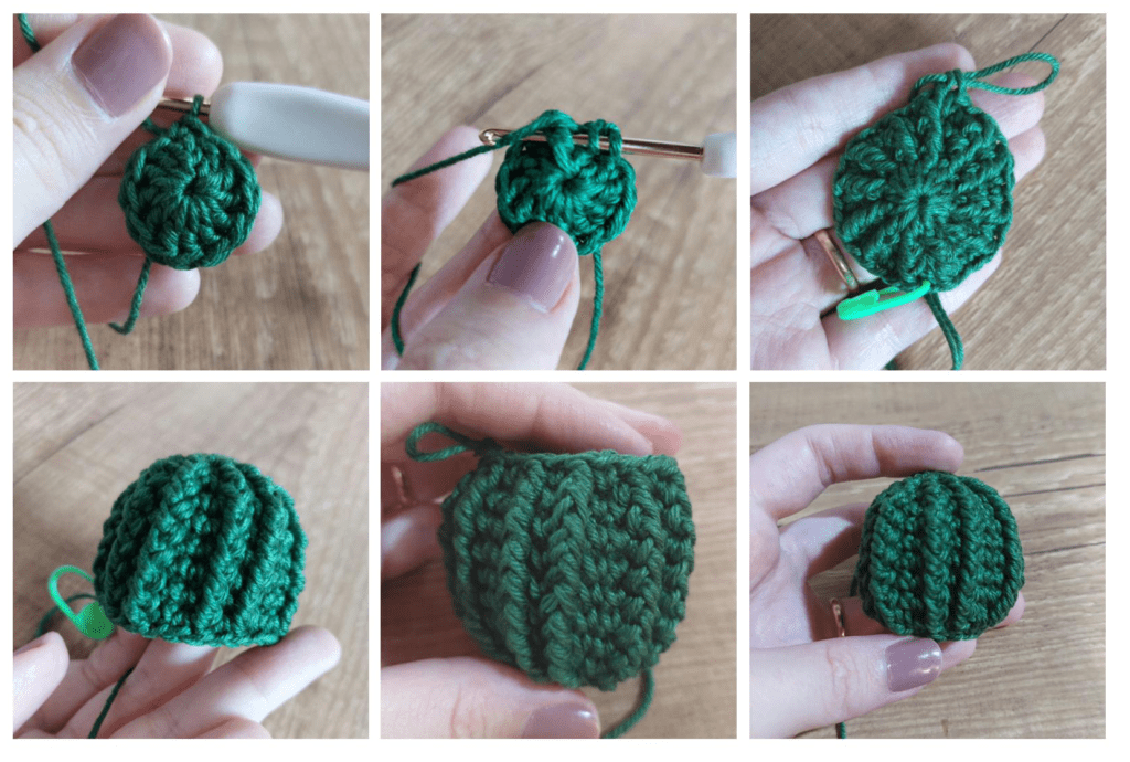 Un Proceso De Tejido De Seis Pasos Visto En Un Collage De Imágenes Que Muestran La Creación De Un Objeto Tejido Redondo Y Verde Desde Enganchar Hilo En Un Ganchillo Hasta Añadir Progresivamente Más Hileras De Puntos El Resultado Es Un Cactus Amigurumi Con Una Forma Pequeña Esférica Y Acanalada