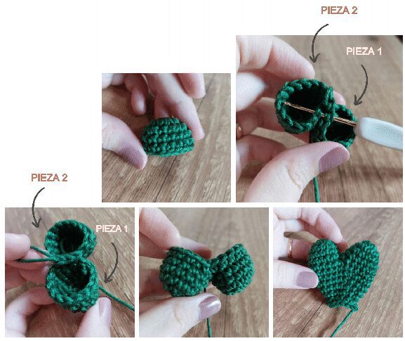 Una Imagen Tutorial Paso a Paso Que Muestra Cómo Tejer Piezas Verdes En Forma De Corazón Las Imágenes Muestran Manos Sosteniendo Y Tejiendo Dos Piezas Verdes Separadas Con Las Etiquetas pieza 1 Y pieza 2 Que Luego Se Unen Para Formar Una Forma De Corazón mira Este Patrón De Crochet Gratis Para Más Detalles