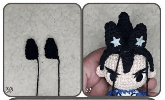 Dos Imágenes Muestran El Progreso Del Crochet La Imagen De La Izquierda Muestra Dos Pequeñas Piezas De Crochet Negras Con Colas La Imagen De La Derecha Muestra Una Cabeza De Muñeca Tejida a Crochet Casi Terminada Que Se Asemeja a Personajes De Dragon Ball En Crochet Con Cabello Negro Rematado Por Dos Estrellas Blancas Y Ojos De Mirada Enojada