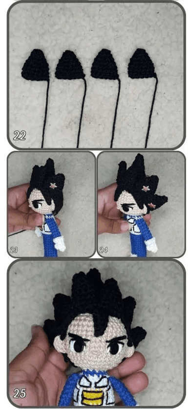 Secuencia Paso a Paso De Un Muñeco De Crochet Terminado Que Se Asemeja a Un Personaje De Anime La Primera Imagen Muestra Cuatro Pequeñas Piezas De Crochet Negras La Segunda Y Tercera Muestran Cómo Ensamblar El Cabello En La Cabeza De La Muñeca Y La Cuarta Muestra La Muñeca Dragon Ball De Crochet Terminada Con Cabello Negro Y Traje Azul