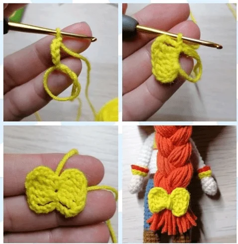 Collage De Cuatro Imágenes Que Muestra Los Pasos Para Tejer Un Pequeño Lazo Amarillo Con Forma De Mariposa Las Primeras Tres Imágenes Ilustran El Proceso De Tejido a Crochet Desde Un Bucle Hasta Formar El Lazo La última Imagen Muestra El Lazo Terminado Sujeto Al Cabello Naranja De Una Muñeca