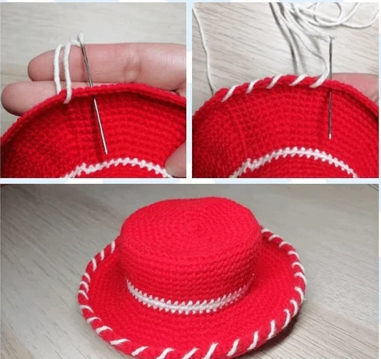 Tres Imágenes Que Muestran Los Pasos Para Coser a Mano Un Borde Decorativo Blanco a Un Gorro Rojo De Crochet Las Dos Primeras Imágenes Muestran Una Aguja Pasando Hilo Blanco a Través Del Borde Del Ala Y La última Imagen Muestra El Sombrero Terminado Con Un Ribete Blanco Alrededor Del Ala