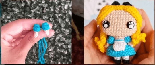 Se Muestran Dos Imágenes Una Al Lado De La Otra La Imagen De La Izquierda Muestra Una Mano Sosteniendo Un Par De Pequeños Zapatos Azules De Crochet Con Cordones Blancos La Imagen De La Derecha Muestra Una Muñeca De Crochet Terminada Con Ojos Grandes Cabello Rubio Y Un Vestido Azul Con Delantal Blanco Que Se Asemeja Al Amigurumi De Alicia En El País De Las Maravillas