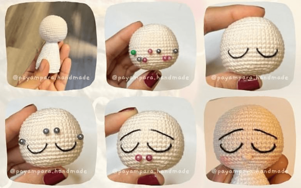 Proceso Paso a Paso Para Crear Una Carita De Muñeca a Crochet La Primera Imagen Muestra Una Cabeza Tejida a Crochet La Segunda Imagen Muestra La Cabeza Con Alfileres Como Guías Faciales Las últimas Cuatro Imágenes Muestran El Progreso En La Adición De Detalles De Crochet Para Formar Ojos Y Rubor Similar a Técnicas Que Se Encuentran En Los Patrones De Amigurumi En Español