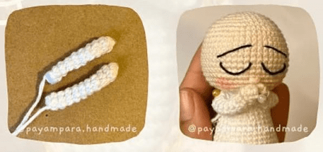 Dos Imágenes Muestran Las Etapas De Creación De Una Amigurumi Virgencita La Imagen De La Izquierda Muestra Dos Pequeños Brazos Blancos Tejidos a Crochet La Imagen De La Derecha Muestra Una Muñeca De Crochet Casi Terminada Con Los Ojos Cerrados Y Las Manos Cerca De La Boca Sostenida Entre El Pulgar Y Los Dedos De Una Persona