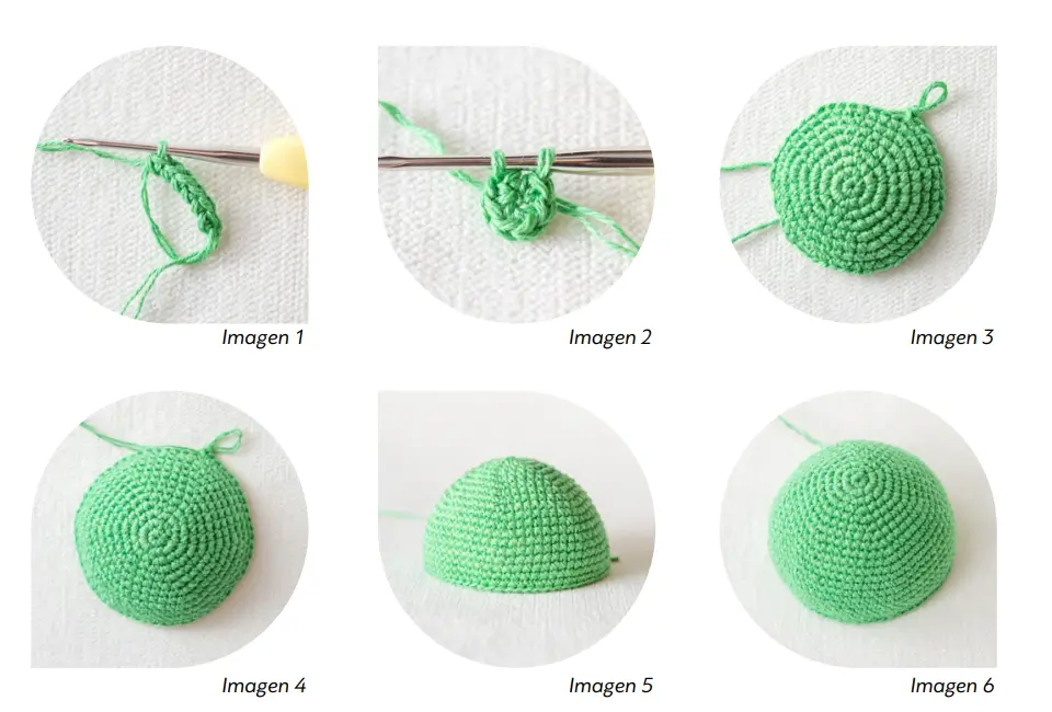 Un Tutorial De Crochet Paso a Paso En Seis Imágenes Las Imágenes 1 a 6 Muestran La Progresión Desde Un Pequeño Bucle Verde Hasta Una Bola De Crochet Verde Completa Que Se Forma Con Rondas Crecientes De Puntos