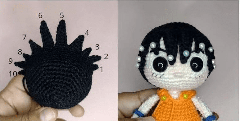 La Imagen Muestra Dos Paneles La Izquierda Presenta Una Forma De Crochet Negro Con Púas Numeradas Que Se Asemeja a Una Base Circular Con Extensiones Puntiagudas a La Derecha Se Muestra Un Pequeño Muñeco De Crochet Con Cabello Negro Corto Ojos Grandes Un Traje Naranja Y Muñequeras Azules Perfecto Para Cualquier Fanático De Los Amigurumi De Dragón Ball Que Use Un Patrón Amigurumi