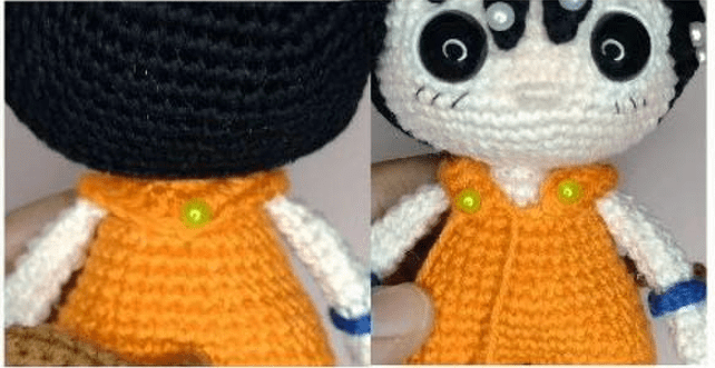 Un Primer Plano De Una Muñeca De Crochet Con Cabello Negro Grandes Ojos Blancos Y Negros Y Un Traje Naranja La Muñeca Se Muestra De Frente Y De Atrás Mostrando Sus Intrincados Detalles De Punto Y Accesorios perfecto Para Aquellos Que Siguen Un Tutorial De Amigurumi Español Para Crear Tus Propias Figuras Adorables