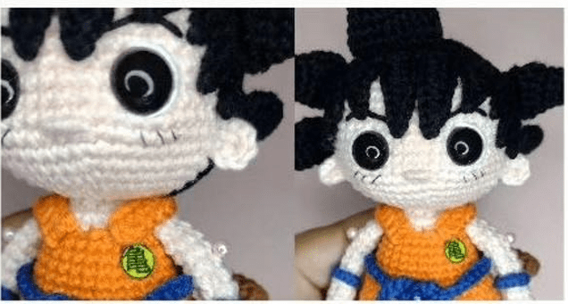 Una Imagen Muestra Dos Vistas En Primer Plano De Un Muñeco De Crochet Hecho a Mano Inspirado En Un Personaje De Anime Perfecto Para Un Tutorial De Amigurumi Español La Muñeca Tiene Ojos Negros Grandes Y Expresivos Cabello Negro Puntiagudo Y Viste Un Traje Naranja Con Un Pequeño Emblema Verde El Lado Izquierdo Muestra Una Vista Frontal Y El Lado Derecho Muestra Una Vista Ligeramente En ángulo