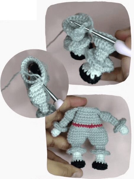 La Imagen Muestra Un Proceso De Crochet Paso a Paso Para Crear Una Pequeña Figura Humana Gris Con Zapatos Negros La Parte Superior De La Imagen Se Centra En El Torso Y La Cabeza De La Figura Mientras Que La Parte Inferior Muestra El Torso Y Las Piernas Completos Con Zapatos Negros Y Una Cinturilla Rosa