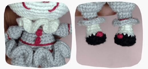 Un Primer Plano De Una Muñeca De Crochet Hecha a Mano La Imagen De La Izquierda Muestra El Torso Y La Parte Superior De Las Piernas De La Muñeca Vestida Con Un Traje Gris Con Detalles Rojos Y Blancos La Imagen De La Derecha Muestra La Parte Inferior De Las Piernas Y Los Pies De La Muñeca Adornados Con Zapatos Negros Blancos Y Rojos El Fondo Es Rosa