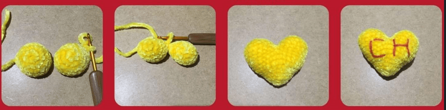 Imagen De Cuatro Paneles Que Muestra La Progresión De La Creación De Una Pieza De Crochet Amarilla En Forma De Corazón Panel 1 Dos Pompones Amarillos Unidos Con Hilo Amarillo Panel 2 Comenzando a Tejer Alrededor De Los Pompones Panel 3 Corazón Amarillo Terminado Panel 4 Corazón Amarillo Con ch Cosido En Rojo