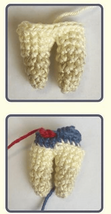 Dos Imágenes Muestran Pantalones Tejidos a Crochet La Imagen Superior Presenta Pantalones De Crochet Color Beige Liso La Imagen Inferior Muestra Los Mismos Pantalones Con Una Cinturilla Azul Agregada Y Un Cordón Rojo En Proceso