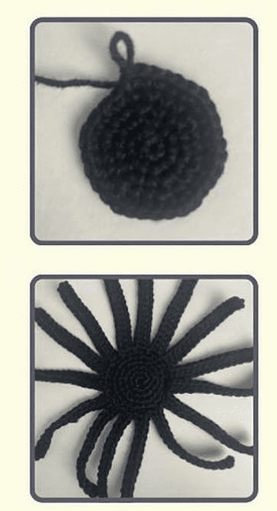 Se Muestran Dos Piezas De Crochet De Hilo Negro En Una Imagen De Dos Paneles El Panel Superior Muestra Una Pieza De Crochet Circular Negra Con Un Bucle En Su Borde El Panel Inferior Muestra El Mismo Círculo Negro Con Múltiples Hebras De Hilo Unidas Alrededor De Su Perímetro Que Se Asemeja a Un Sol O Un Pulpo