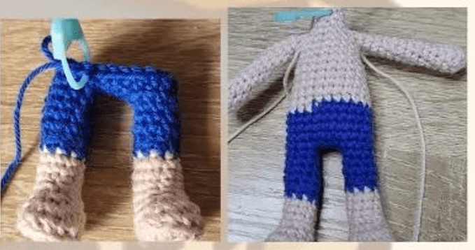 Se Muestran Dos Etapas De Tejido De Una Muñeca a La Izquierda Hay Una Muñeca Parcialmente Tejida a Crochet Con Solo Pantalones Azules Y Zapatos Beige a La Derecha La Misma Muñeca Tiene Brazos Beige Tejidos a Crochet Adicionales Unidos a Los Pantalones Azules Y Zapatos Beige No Hay Cabeza Ni Rasgos Faciales Presentes