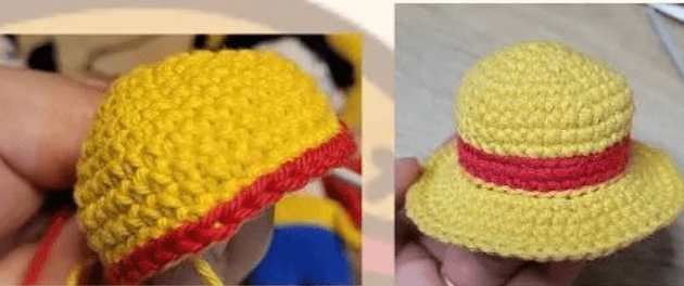 Dos Fotografías Muestran Un Pequeño Sombrero Tejido a Mano Con Hilo Amarillo Vibrante Y Una Banda Roja Alrededor El Sombrero Se Parece a Un Sombrero De Paja Y Se Sostiene En Alto Para Exhibirlo La Imagen De La Izquierda Muestra Un Primer Plano De La Textura Del Sombrero Y La Imagen De La Derecha Muestra El Sombrero Terminado