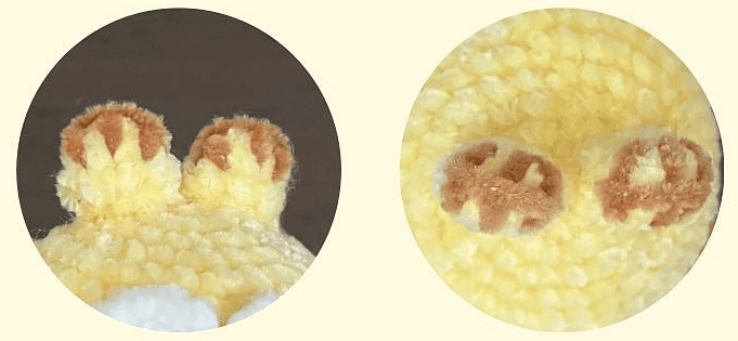 La Imagen Muestra Dos Primeros Planos De Un Objeto Tejido a Crochet De Color Amarillo Posiblemente Un Juguete El Círculo De La Izquierda Destaca Dos Apéndices Marrones Con Puntas Amarillas Que Parecen Orejas Mientras Que El Círculo De La Derecha Presenta Dos Manchas Marrones Que Se Asemejan a Ojos