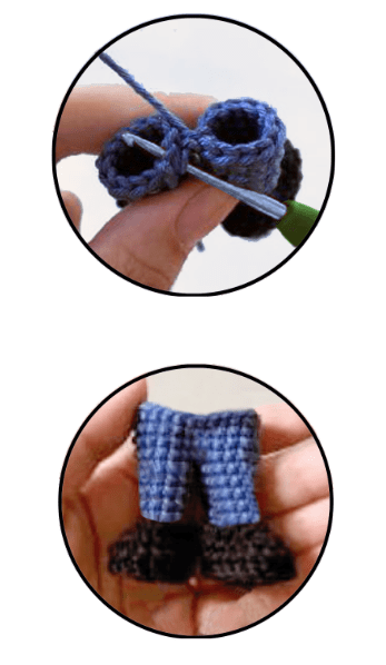 Imagen De Portada Un Primer Plano De Unas Manos Tejiendo Con Hilo Azul Y Negro Formando La Parte Superior De Unos Pantalones Pequeños imagen Inferior Un Primer Plano De Manos Sosteniendo Una Pieza De Crochet Terminada Que Se Asemeja a Pequeños Pantalones Azules Con Botas Negras