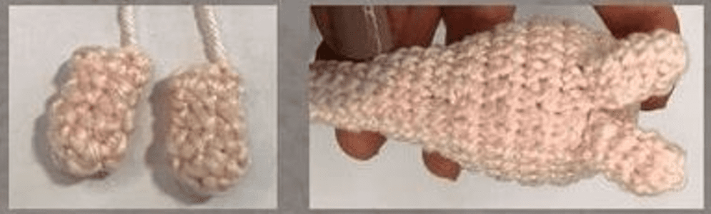 Un Par De Mitones Tejidos a Crochet O Pequeñas Bolsas a La Izquierda Junto a La Forma De Un Animal De Peluche Tejido a Crochet Algo Ensamblado Posiblemente Un Dinosaurio U Otra Criatura Con Textura Visible Y Ligeras Variaciones En El Color Del Hilo Rosa