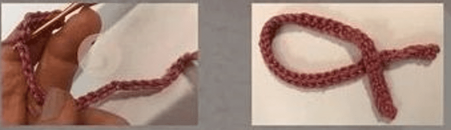 Dos Imágenes Muestran Las Etapas De Creación De Un Nudo Corredizo De Crochet La Primera Imagen Muestra Dedos Que Sostienen Hilo Rosa Enrollado Alrededor De Un Ganchillo La Segunda Imagen Muestra Un Nudo Corredizo Más Apretado Y Terminado Sobre Una Superficie Plana Similar a Un Bucle