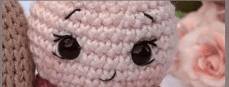 Primer Plano De La Cara De Una Muñeca Tejida a Crochet Con Ojos Cosidos En Negro Con Pequeños Reflejos Blancos Cejas Bordadas Curvas Y Una Leve Sonrisa La Muñeca Tiene Un Color Beige Rosado Claro En El Fondo Hay Flores Rosas Suaves Y Borrosas