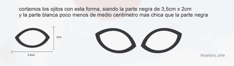 Se Muestran Dos Diseños En Forma De Ojo Con Dimensiones La Parte Negra De Los Ojos Mide 35 Cm De Largo Y 2 Cm De Ancho Mientras Que La Parte Blanca Es Ligeramente Más Pequeña Medio Centímetro De Ancho El Texto Describe Cómo Cortar Las Formas Junto Con El Nombre De Usuario bellota arte