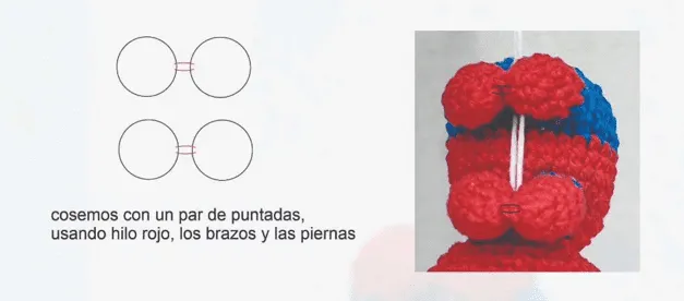 Spiderman Colgando en Telaraña: Patrón Amigurumi Gratis Paso a Paso - Una guía de instrucciones en español que muestra cómo coser dos formas circulares con hilo rojo para crear brazos y piernas para una figura tejida a crochet. El lado derecho de la imagen muestra la figura tejida a crochet con colores rojo y azul y un cordón cosido a través de los brazos. Un cuadrado completamente negro con un borde fino y brillante de pequeñas estrellas alrededor de sus bordes. El centro es completamente negro y no ofrece detalles ni colores visibles dentro del borde.