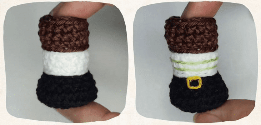 Se Muestran Dos Dedos Usando Títeres De Crochet Que Se Asemejan a Peregrinos Los Títeres Tienen La Parte Inferior Negra El Centro Blanco Y La Parte Superior Marrón El Títere De La Derecha Tiene Una Hebilla De Cinturón Amarilla Y Líneas Verdes Bordadas En La Parte Blanca Mientras Que El De La Izquierda Es Sencillo Perfecto Para Un Proyecto De Patrón Gratuito