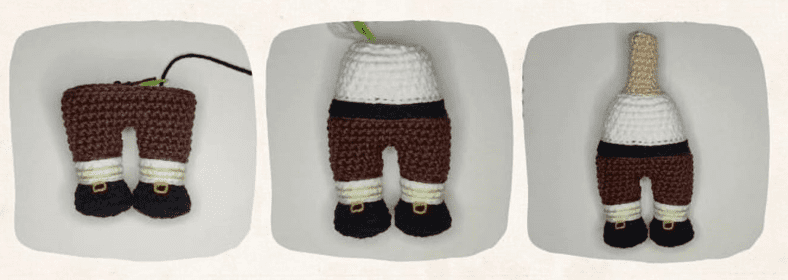 Tres Etapas De Un Proyecto De Crochet Que Representa Un Duende De La Fortuna La Primera Etapa Muestra Sólo Las Piernas Del Gnomo Con Botas La Segunda Etapa Muestra Las Piernas Con El Torso Parcialmente Completado La Tercera Etapa Típica En Los Proyectos De Amigurumi Muestra Las Piernas El Torso Completo Y Un Sombrero Largo Sin Terminar