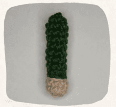 Una Pieza Tejida a Mano Que Representa Un Objeto Largo Vertical De Textura Verde Y Con Una Base Redondeada De Color Beige Que Se Asemeja a Un Cactus O Una Planta Elaborado Con Cuidado Utilizando Un Patrón Gratuito Destaca Sobre La Superficie Lisa Y De Color Claro