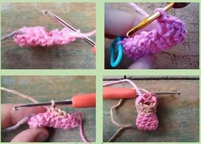 Tutorial De Crochet De Cuatro Pasos La Primera Foto Muestra Una Pieza De Crochet Rosa Con Un Gancho El Segundo Primer Plano Muestra El Ganchillo Tejiendo Una Puntada El Tercero Muestra El Cambio De Colores Del Hilo Con Hebras Rosadas Y Beige Juntas El Cuarto Muestra Una Pieza Terminada Inspirada En Mirabel Madrigal Con Una Parte Inferior Beige Y Una Parte Superior Rosa