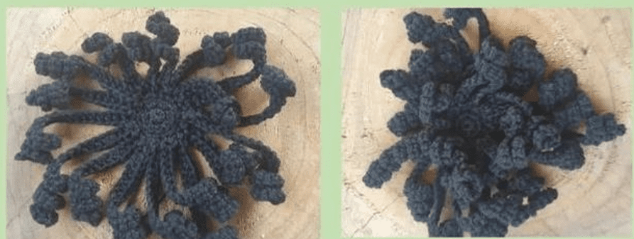 Dos Imágenes De Modelos De Anémona De Mar De Crochet Negro Colocados Sobre Una Superficie De Madera La Imagen De La Izquierda Muestra La Anémona Con Tentáculos Extendidos Mientras Que La Imagen De La Derecha La Muestra En Un Paquete Con Tentáculos Curvados Hacia Adentro Que Recuerda a Algo Que Podría Llamar La Atención De Mirabel Madrigal