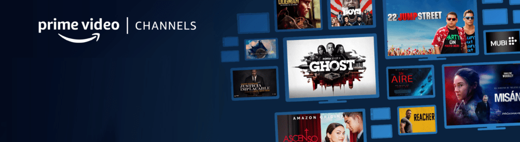 Un Banner Promocional Para Prime Video Channels Cuenta Con Varias Pantallas De Televisión Que Muestran Diferentes Carteles De Películas Y Series De Televisión Incluidos ghost 22 Jump Street Y missão El Logotipo De Prime Video Está En El Lado Izquierdo Con canales Escrito Al Lado